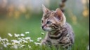 kitten lying down sniffing daisies