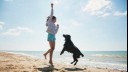 girl and black dog jumping on a beach